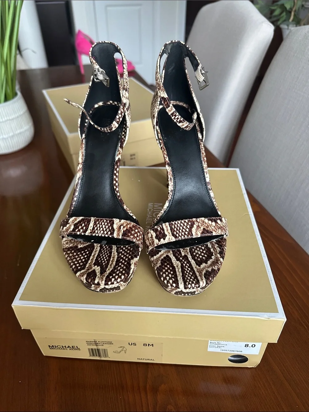 Michael Kors Margot Embossed Leather Snake-Print Ankle-Strap Platforms